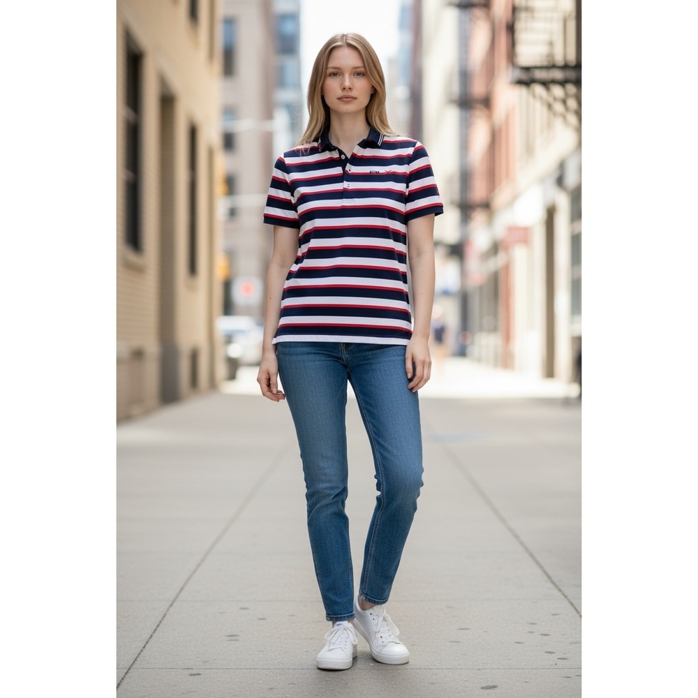 RLX Ralph Lauren Womens Striped Polo Shirt Navy Red White Short Sleeve Size M